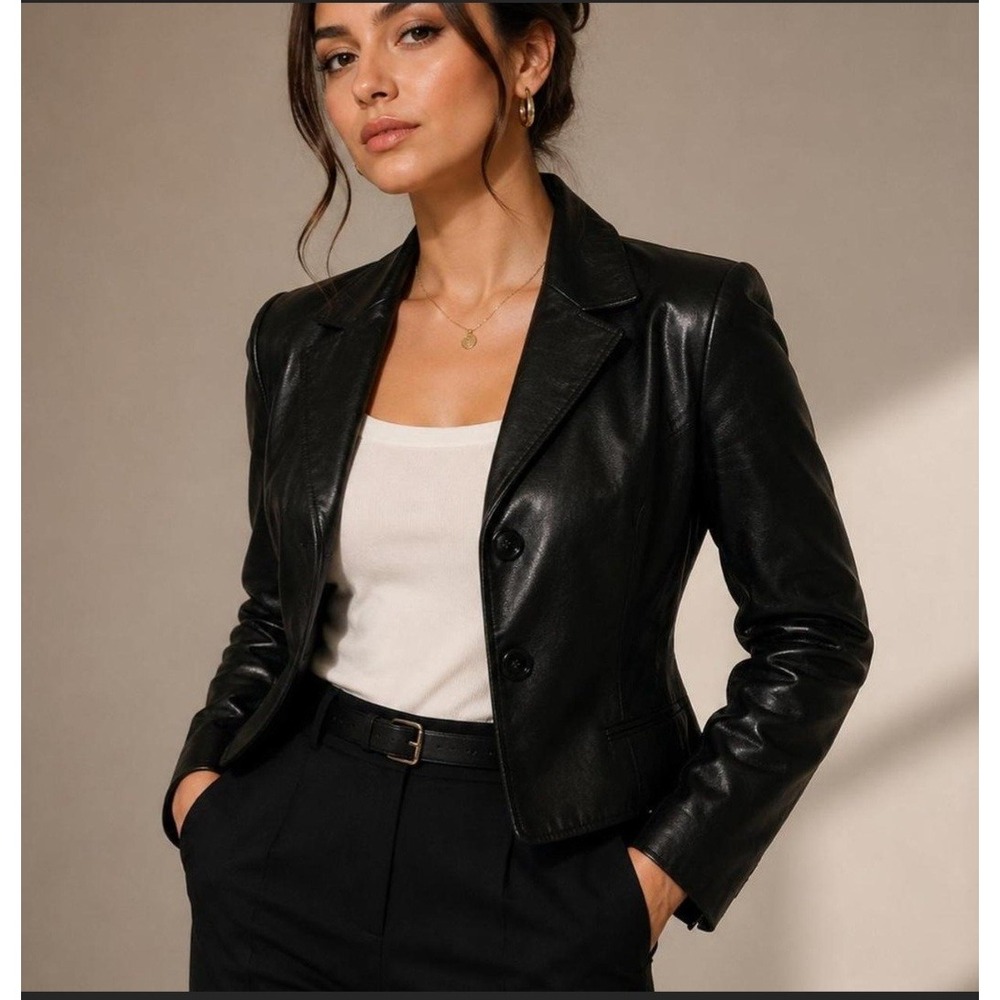 Valerie Stevens Petite Black Leather Blazer Jacket 2-Button Genuine Leather PL